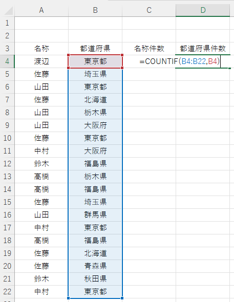 COUNTIF関数都道府県件数