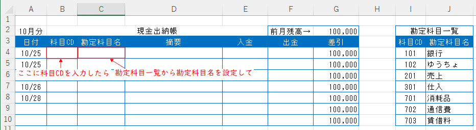 現金出納帳で使用する